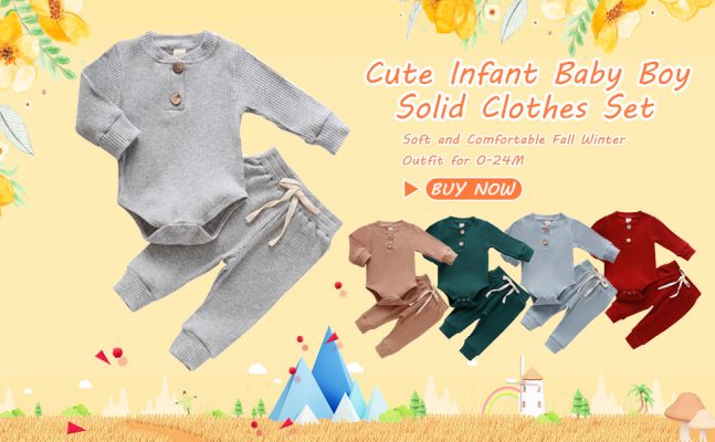 Elmmart Newborn Clothes Set Baby Boy Girl Ribbed Knitted Cotton Long Sleeve Romper Long Pants Solid Color Fall Winter Outfits