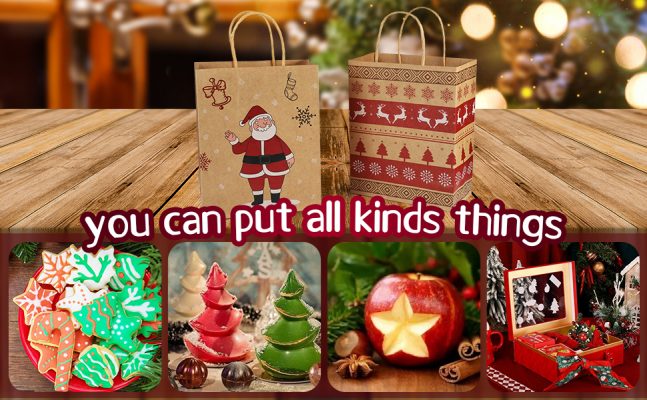 Elmmart Mjokoj 24 Pack Christmas Gift Bags, 6 Designs Christmas Kraft Paper Bags, 8.85x7.08x3.5 Inches with Handles Xmas Gift Bags, Suitable for Holiday Kraft Paper Gift Bags, Reusable Christmas Gift Bags