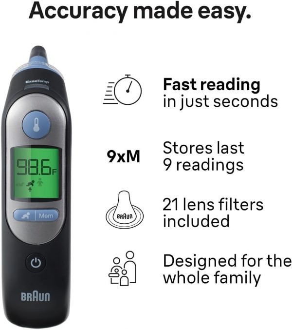 Elmmart Braun ThermoScan 7 Digital Ear Thermometer, Family Care App Compatible, Age-Adjusted Fever Guidance, Baby and Infant Friendly