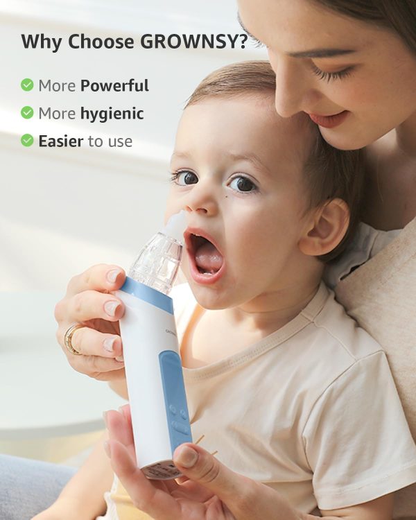 Elmmart GROWNSY Nasal Aspirator for Baby, Electric Nose Aspirator for Toddler, Baby Nose Sucker, Automatic Nose Cleaner with 3 Silicone Tips, Adjustable Suctions, Music and Light Soothing Function (Blue)