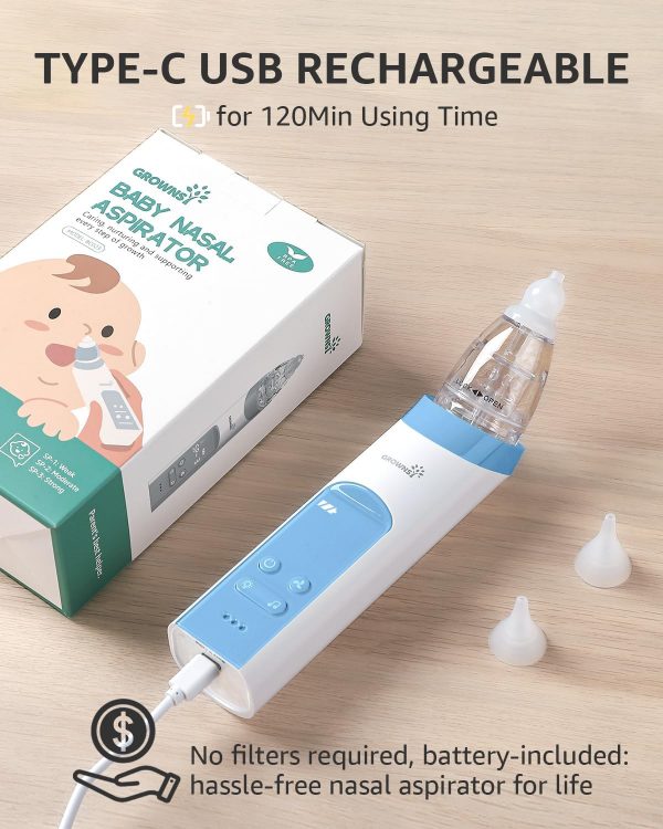 Elmmart GROWNSY Nasal Aspirator for Baby, Electric Nose Aspirator for Toddler, Baby Nose Sucker, Automatic Nose Cleaner with 3 Silicone Tips, Adjustable Suctions, Music and Light Soothing Function (Blue)