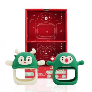 Elmmart Smily Mia Baby Teething Toys, Baby Christmas Stocking Stuffers, Penguin Teether for 0-6M, Reindeer Chew Toys for 3-6M,Teething Mittens for 6-12M Babies, Baby Essential New Born Must Haves, Pine Green