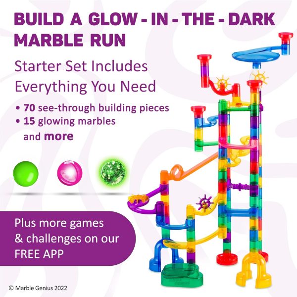 Elmmart Marble Genius 115 pcs Glow Marble Run Track Race Starter Set for Kids Age 4+, Glow in The Dark, STEM Educational Building Block, Color Instruction Manual