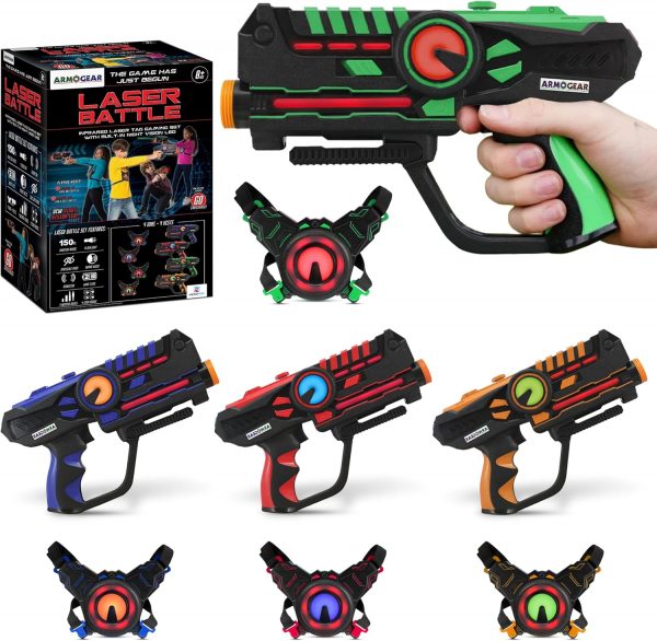 Elmmart ArmoGear Laser Tag Guns - Set of 4 Rechargeable Kids Toys with Vests - Indoor and Outdoor Multiplayer Laser Tag Set for Kids, Teens, and Adults - Long Range 150 ft - Kids Games for Ages 8 and Up