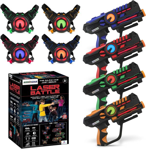 Elmmart ArmoGear Laser Tag Guns - Set of 4 Rechargeable Kids Toys with Vests - Indoor and Outdoor Multiplayer Laser Tag Set for Kids, Teens, and Adults - Long Range 150 ft - Kids Games for Ages 8 and Up