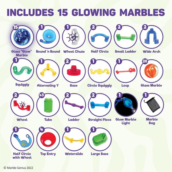 Elmmart Marble Genius 115 pcs Glow Marble Run Track Race Starter Set for Kids Age 4+, Glow in The Dark, STEM Educational Building Block, Color Instruction Manual