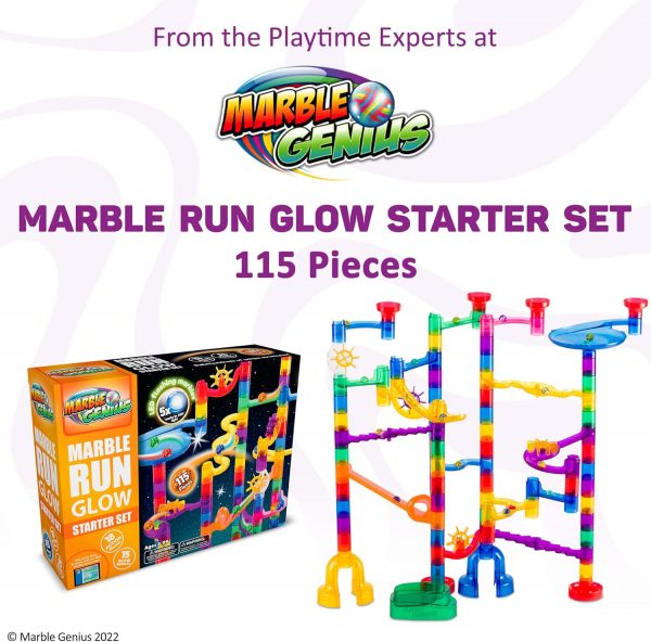 Elmmart Marble Genius 115 pcs Glow Marble Run Track Race Starter Set for Kids Age 4+, Glow in The Dark, STEM Educational Building Block, Color Instruction Manual
