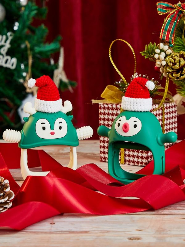 Elmmart Smily Mia Baby Teething Toys, Baby Christmas Stocking Stuffers, Penguin Teether for 0-6M, Reindeer Chew Toys for 3-6M,Teething Mittens for 6-12M Babies, Baby Essential New Born Must Haves, Pine Green