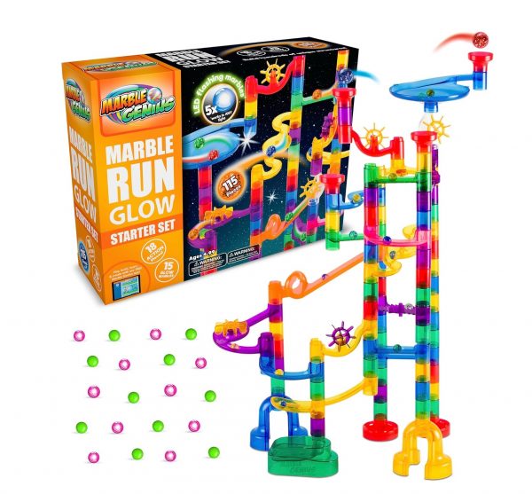 Elmmart Marble Genius 115 pcs Glow Marble Run Track Race Starter Set for Kids Age 4+, Glow in The Dark, STEM Educational Building Block, Color Instruction Manual