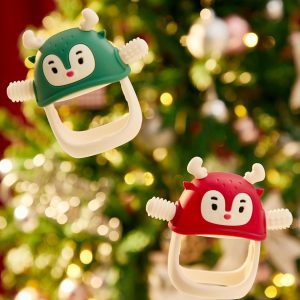 Elmmart Smily Mia Baby Teething Toys, Baby Christmas Stocking Stuffers, Penguin Teether for 0-6M, Reindeer Chew Toys for 3-6M,Teething Mittens for 6-12M Babies, Baby Essential New Born Must Haves, Pine Green