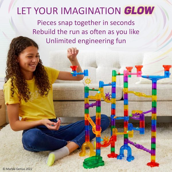 Elmmart Marble Genius 115 pcs Glow Marble Run Track Race Starter Set for Kids Age 4+, Glow in The Dark, STEM Educational Building Block, Color Instruction Manual