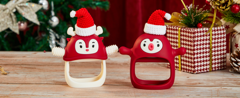 Elmmart Smily Mia Baby Teething Toys, Baby Christmas Stocking Stuffers, Penguin Teether for 0-6M, Reindeer Chew Toys for 3-6M,Teething Mittens for 6-12M Babies, Baby Essential New Born Must Haves, Pine Green