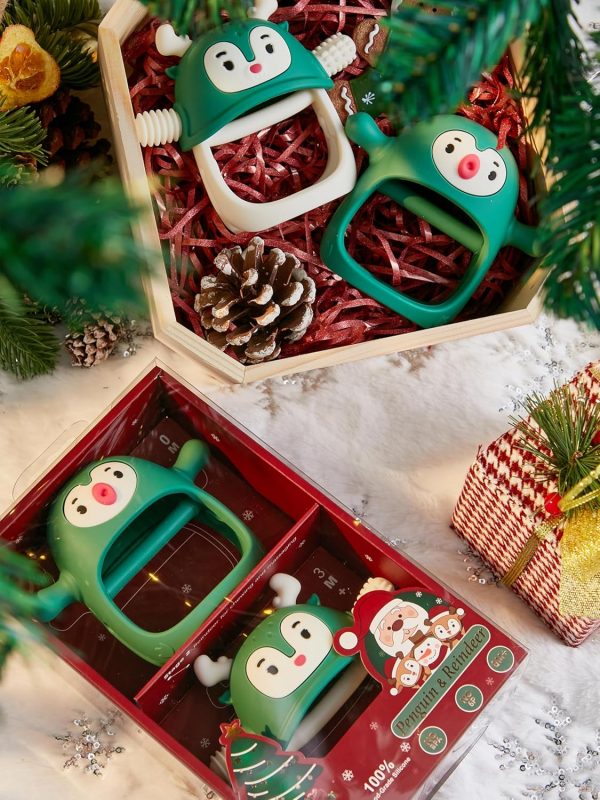 Elmmart Smily Mia Baby Teething Toys, Baby Christmas Stocking Stuffers, Penguin Teether for 0-6M, Reindeer Chew Toys for 3-6M,Teething Mittens for 6-12M Babies, Baby Essential New Born Must Haves, Pine Green