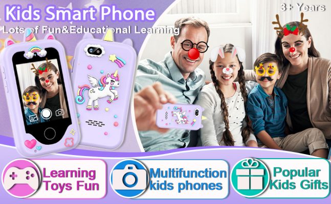 Elmmart Kids Smart Phone for Girls, Christmas Birthday Gifts for Girls Age 3-10 Kids Toys Cell Phone, 2.8″ Touchscreen Toddler Learning Play Toy Phone with Dual Camera, Game, Music Player, 8GB Card (Purple)
