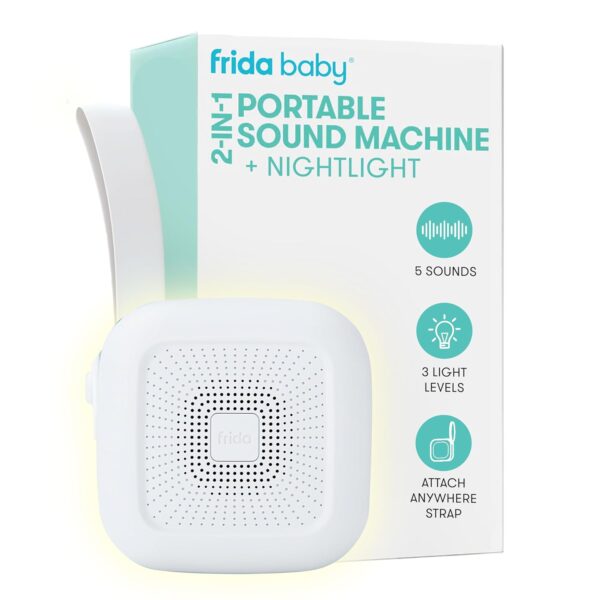 elm mart Frida Baby 2-in-1 Portable Sound Machine for Baby + Nightlight | White Noise Sound Machine for Baby with 5 Soothing Sounds & 3 Nightlight Modes | Travel Sound Machine Attaches to Strollers, Car Seats