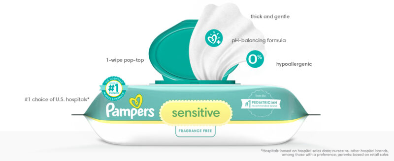 elm mart Pampers Sensitive Baby Wipes, Water Based, Hypoallergenic and Unscented, 8 Flip-Top Packs, 4 Refill Packs